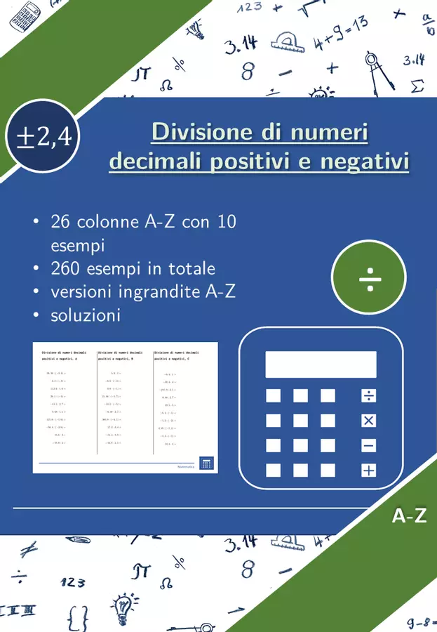 Divisione di numeri decimali positivi e negativi | matematica | 26 colonne Esercizi - Divisione di numeri decimali positivi e negativi | matematica | 26 colonne - Materiali Matematici - Pagina di copertina