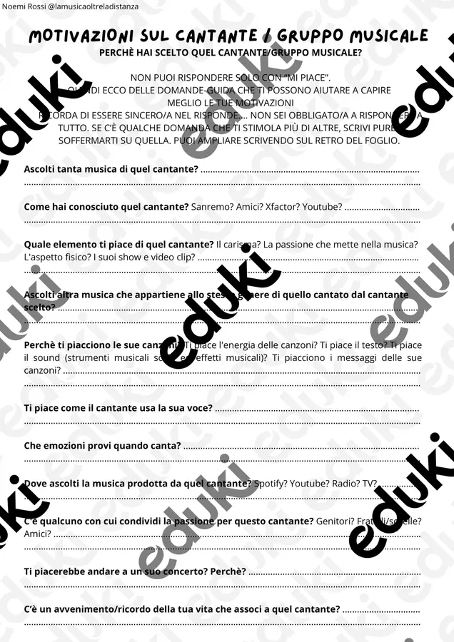Scheda guidata "Motivazioni su un cantante/band musicale" Esercizi - Scheda guidata "Motivazioni su un cantante/band musicale" - lamusicaoltreladistanza - Pagina di copertina