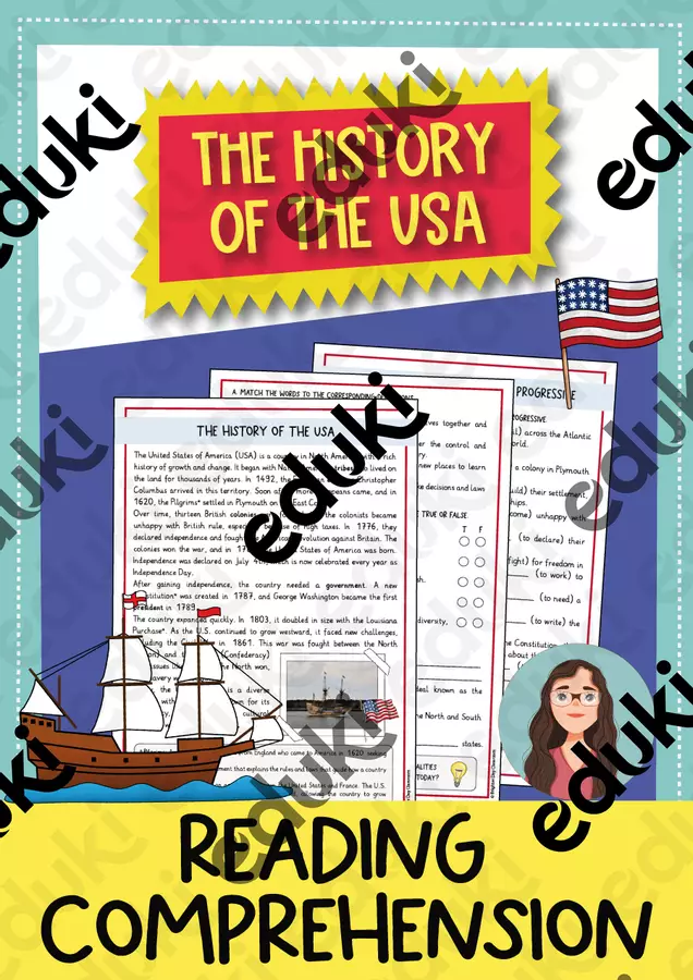 History of the USA reading comprehension + grammar (English) / Storia degli USA comprensione della lettura + grammatica (Inglese) Materiale di supporto/inclusione - History of the USA reading comprehension + grammar (English) / Storia degli USA comprensione della lettura + grammatica (Inglese) - Brighter Day Classroom - Pagina di copertina