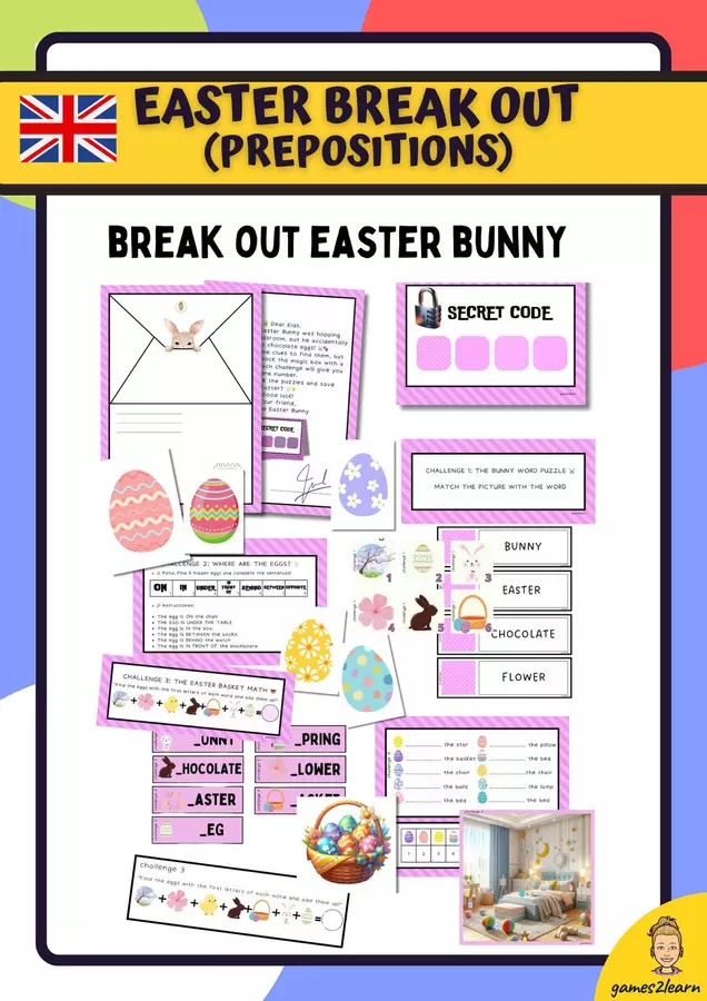 EASTER BREAK OUT (prepositions) (Pasqua) Materiale di supporto/inclusione - EASTER BREAK OUT (prepositions) (Pasqua) - games2learn - Pagina di copertina