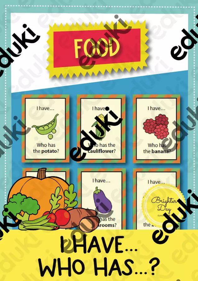 Food: I have... Who has...?; Game (English) / Cibo: Io ho... Chi ha...?; Gioco (Inglese) Flashcard - Food: I have... Who has...?; Game (English) / Cibo: Io ho... Chi ha...?; Gioco (Inglese) - Brighter Day Classroom - Pagina di copertina