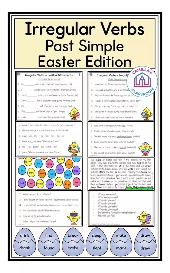 Easter Irregular Verbs (Simple Past) - Task Cards & Puzzles Esercizi - Easter Irregular Verbs (Simple Past) - Task Cards & Puzzles - Camilla's Classroom - Pagina di copertina