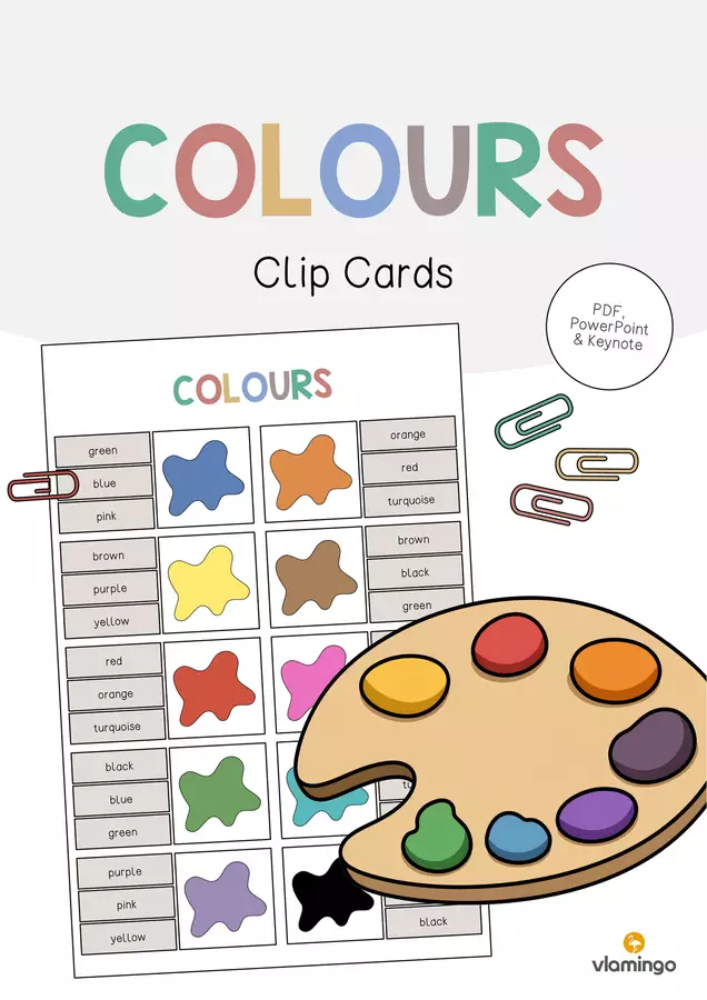 Colours / Colori: Clip Cards (Carte a molletta per la lezione d'inglese) Materiale di supporto/inclusione - Colours / Colori: Clip Cards (Carte a molletta per la lezione d'inglese) - vlamingo - Pagina di copertina