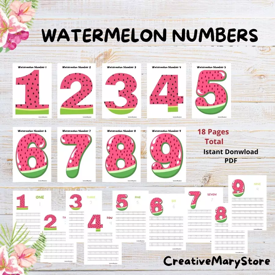 Watermelon Numbers 1-9/Printable Math Activity Flashcard - Watermelon Numbers 1-9/Printable Math Activity - CreativeMary - Pagina di copertina