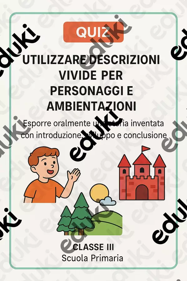 Utilizzare descrizioni vivide (personaggi, ambientazioni) Quiz - Utilizzare descrizioni vivide (personaggi, ambientazioni) - Maestra di Italiano - Pagina di copertina