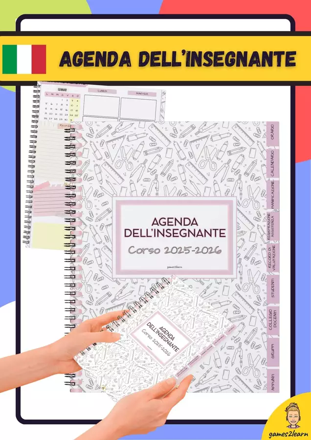AGENDA DELL' INSEGNANTE 2025-2026 Programmi scolastici / Materiali per docenti - AGENDA DELL' INSEGNANTE 2025-2026 - games2learn - Pagina di copertina