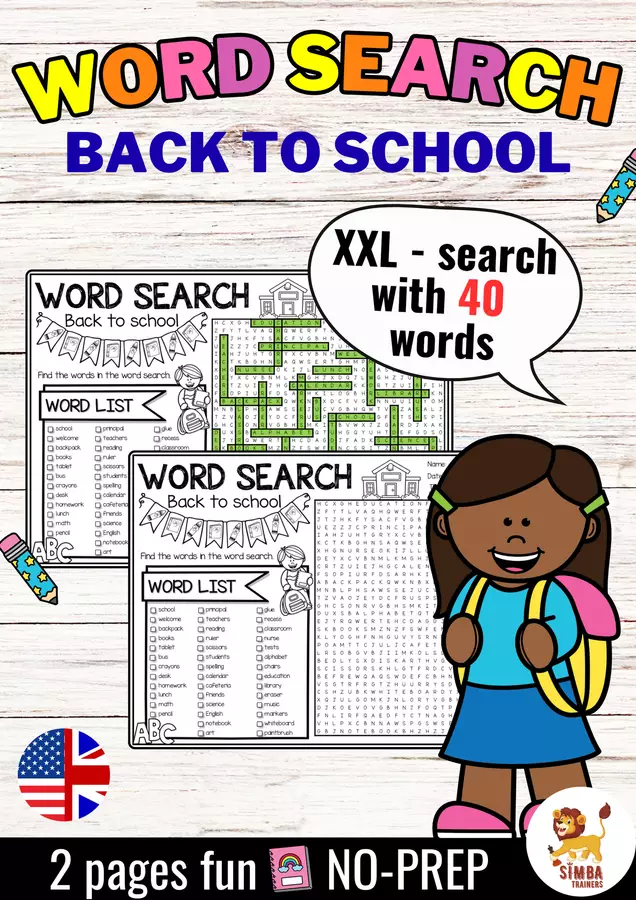 XXL Word Search Puzzle (Back to school) | NO PREP Activity Inglese Esercizi - XXL Word Search Puzzle (Back to school) | NO PREP Activity Inglese - SIMBA Trainers Education - Pagina di copertina