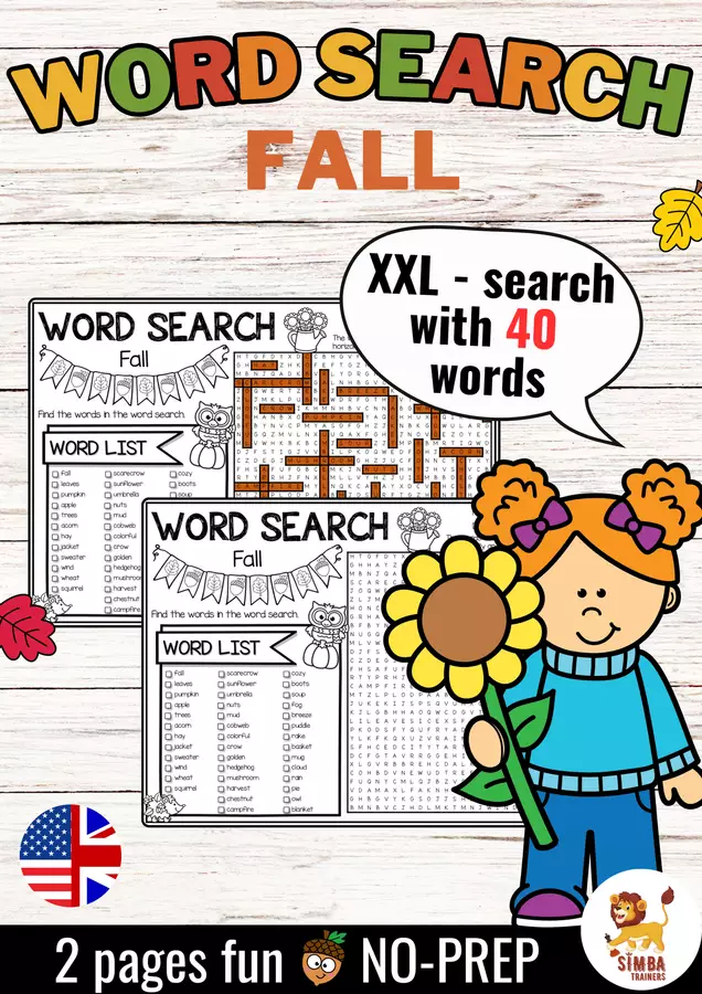 XXL Word Search Puzzle (Fall) | Seasons Autunno Stagioni Inglese Esercizi - XXL Word Search Puzzle (Fall) | Seasons Autunno Stagioni Inglese - SIMBA Trainers Education - Pagina di copertina