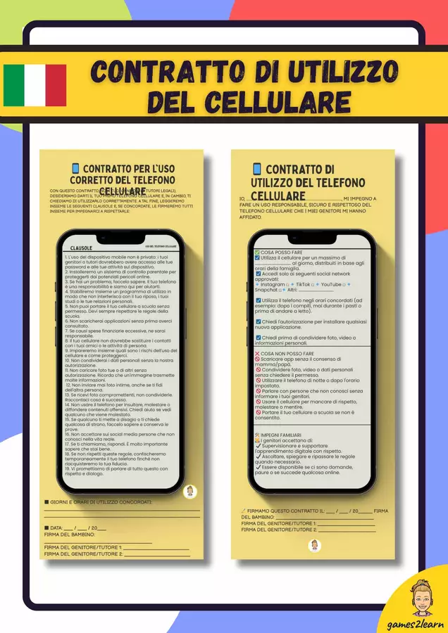 CONTRATTO DI UTILIZZO DEL CELLULARE Flashcard - CONTRATTO DI UTILIZZO DEL CELLULARE - games2learn - Pagina di copertina