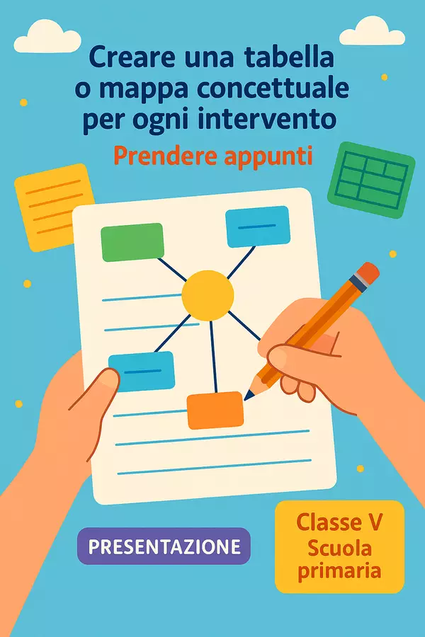 Creare una tabella o mappa concettuale per ogni intervento Presentazioni / Lavagne - Creare una tabella o mappa concettuale per ogni intervento - Maestra di Italiano - Pagina di copertina