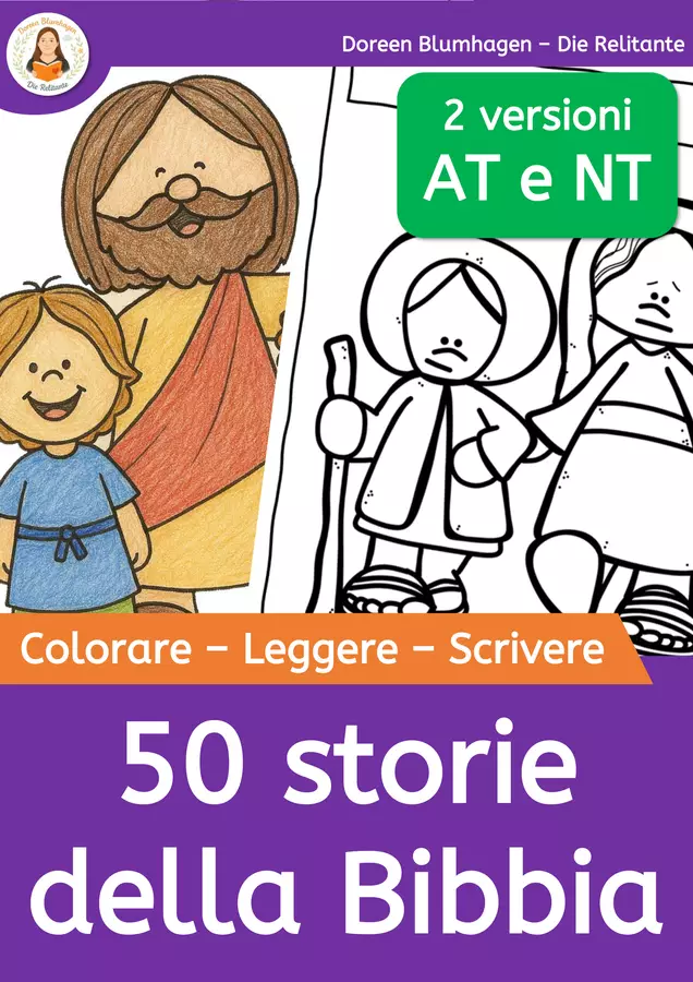 50 storie della Bibbia – Colorare, leggere, scrivere Materiale per pittura e bricolage - 50 storie della Bibbia – Colorare, leggere, scrivere - DieRelitante - Pagina di copertina