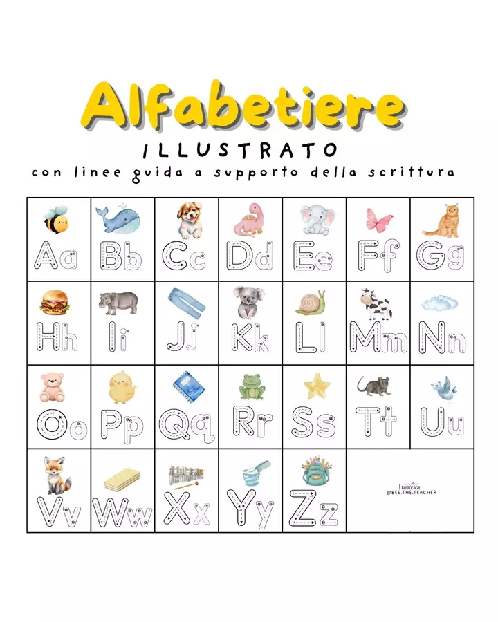 ALFABETIERE ILLUSTRATO con linee guida Materiale di supporto/inclusione - ALFABETIERE ILLUSTRATO con linee guida - Bee.the.teacher - maestra Francesca - Pagina di copertina