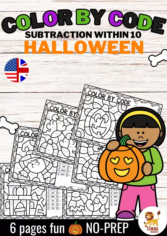 Color by code - Subtraction within 10 (Halloween) | Sottrazione Matematica Inglese Esercizi - Color by code - Subtraction within 10 (Halloween) | Sottrazione Matematica Inglese - SIMBA Trainers Education - Pagina di copertina