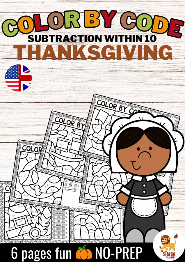 Color by code - Subtraction within 10 (Thanksgiving) | Sottrazione Matematica Inglese Esercizi - Color by code - Subtraction within 10 (Thanksgiving) | Sottrazione Matematica Inglese - SIMBA Trainers Education - Pagina di copertina