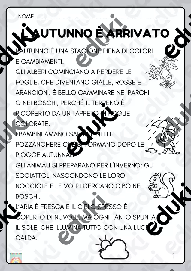CLASSE SECONDA - Lettura e comprensione tema autunno Esercizi - CLASSE SECONDA - Lettura e comprensione tema autunno - Maestrawendy - Pagina di copertina