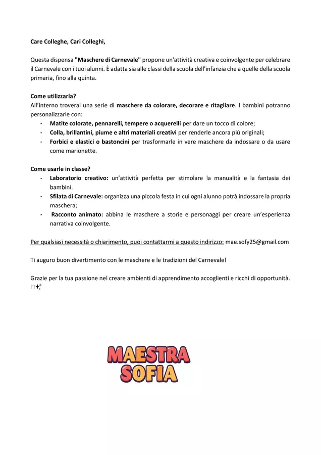 Maestra Sofia_ Maschere Carnevale Materiale per pittura e bricolage - Maestra Sofia_ Maschere Carnevale - Maestra Sofia - Pagina di copertina