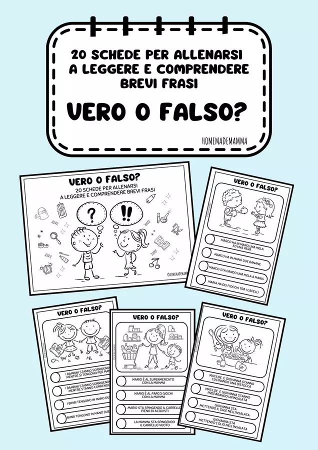 VERO O FALSO: 20 SCHEDE DI LETTURA E COMPRENSIONE Esercizi - VERO O FALSO: 20 SCHEDE DI LETTURA E COMPRENSIONE - homemademamma - Pagina di copertina
