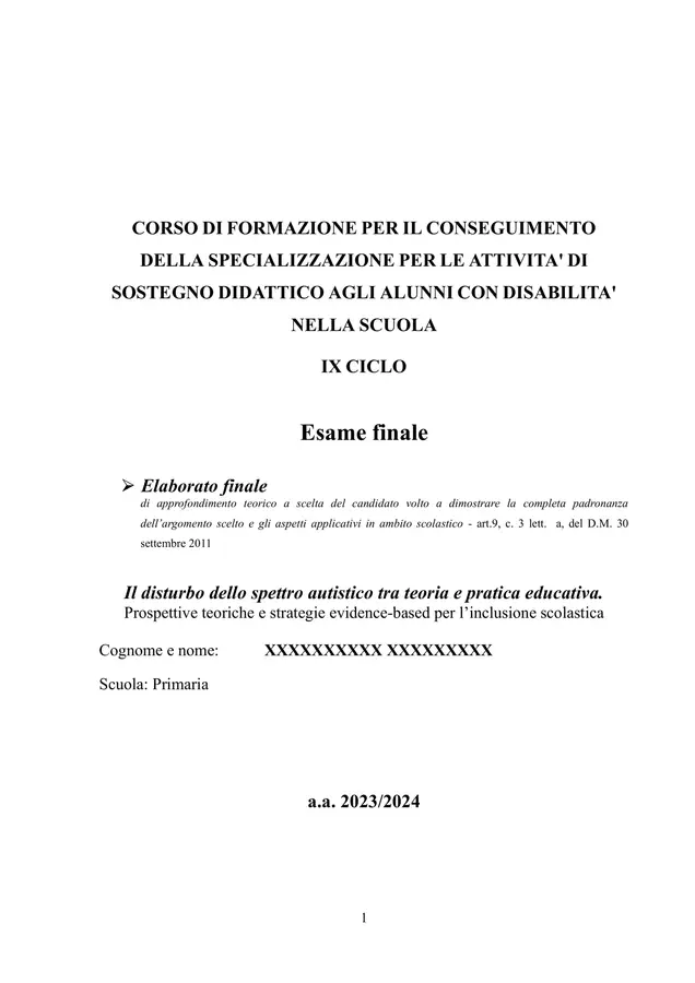 TESINA Disturbo dello Spettro Autistico TFA Sostegno Altro tipo di materiale - TESINA Disturbo dello Spettro Autistico TFA Sostegno - Vera La Maestra - Pagina di copertina