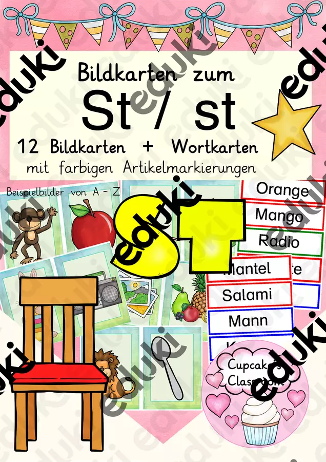 Buchstabe Laut "St" Einführung Bildkarten, Wortkarten, Alphabetisierung, DaZ, Deutsch (Combinazione di suoni "St" – Carte illustrate) Flashcard - Buchstabe Laut "St" Einführung Bildkarten, Wortkarten, Alphabetisierung, DaZ, Deutsch (Combinazione di suoni "St" – Carte illustrate) - Cupcake's Classroom - Pagina di copertina