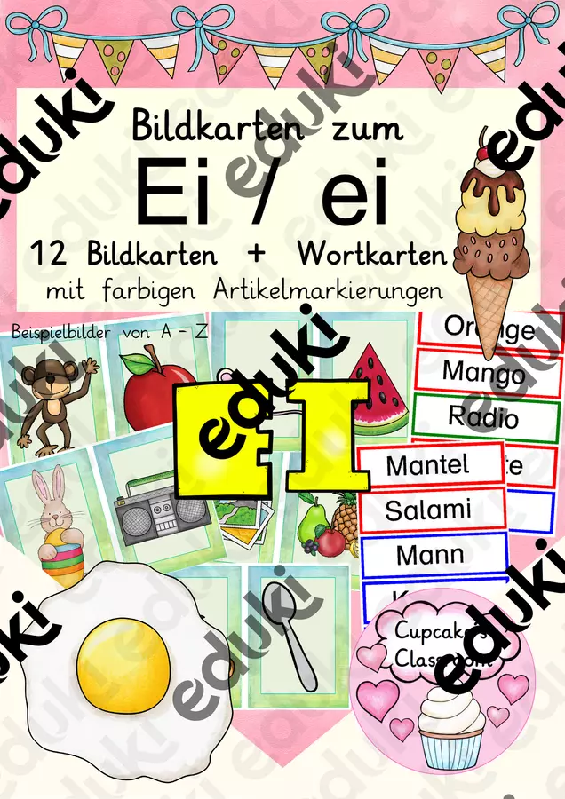 Buchstabe Laut "Ei" Einführung Bildkarten, Wortkarten, Alphabetisierung, DaZ, Deutsch (Combinazione di suoni "Ei" – Carte illustrate) Flashcard - Buchstabe Laut "Ei" Einführung Bildkarten, Wortkarten, Alphabetisierung, DaZ, Deutsch (Combinazione di suoni "Ei" – Carte illustrate) - Cupcake's Classroom - Pagina di copertina