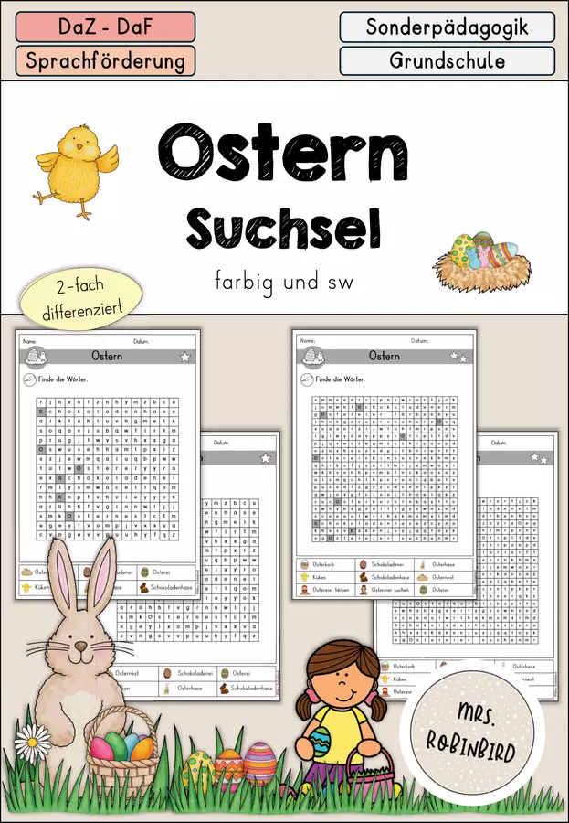 Ostern - Arbeitsblatt Suchsel differenziert - DaZ/DaF/Sprachförderung (Cruciverba sulla Pasqua) Esercizi - Ostern - Arbeitsblatt Suchsel differenziert - DaZ/DaF/Sprachförderung (Cruciverba sulla Pasqua) - Mrs.Robinbird - Pagina di copertina