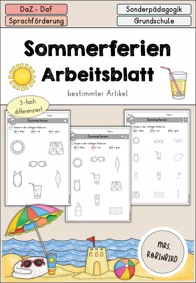 Sommerferien - Sommer Arbeitsblatt Artikel differenziert - DaZ/DaF (Esercizi sull'estate e gli articoli) Esercizi - Sommerferien - Sommer Arbeitsblatt Artikel differenziert - DaZ/DaF (Esercizi sull'estate e gli articoli) - Mrs.Robinbird - Pagina di copertina