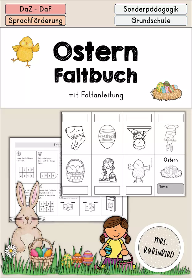 Ostern - Faltheft Faltbuch - DaZ/DaF/Sprachförderung (Libretto pieghevole sul vocabolario pasquale) Esercizi - Ostern - Faltheft Faltbuch - DaZ/DaF/Sprachförderung (Libretto pieghevole sul vocabolario pasquale) - Mrs.Robinbird - Pagina di copertina