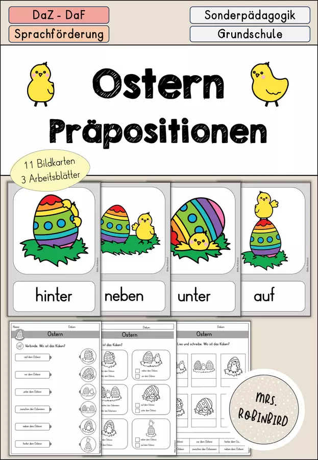 Ostern - Präpositionen (Dativ) Arbeitsblätter Bildkarten - DaZ/DaF/Sprachförderung (Flashcards sulla Pasqua e le preposizioni col dativo) Esercizi - Ostern - Präpositionen (Dativ) Arbeitsblätter Bildkarten - DaZ/DaF/Sprachförderung (Flashcards sulla Pasqua e le preposizioni col dativo) - Mrs.Robinbird - Pagina di copertina