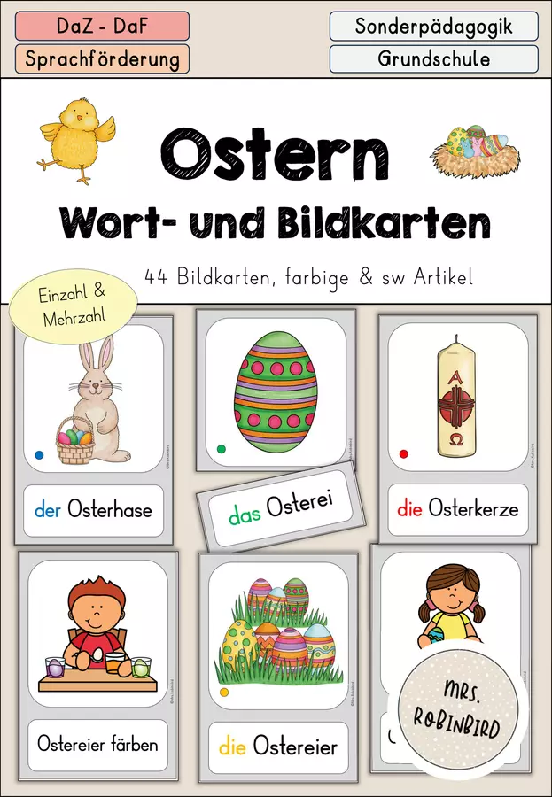 Ostern - Ostergeschichte Bildkarten Wortkarten - DaZ/DaF/Sprachförderung (Flashcards sulla storia di Pasqua) Flashcard - Ostern - Ostergeschichte Bildkarten Wortkarten - DaZ/DaF/Sprachförderung (Flashcards sulla storia di Pasqua) - Mrs.Robinbird - Pagina di copertina