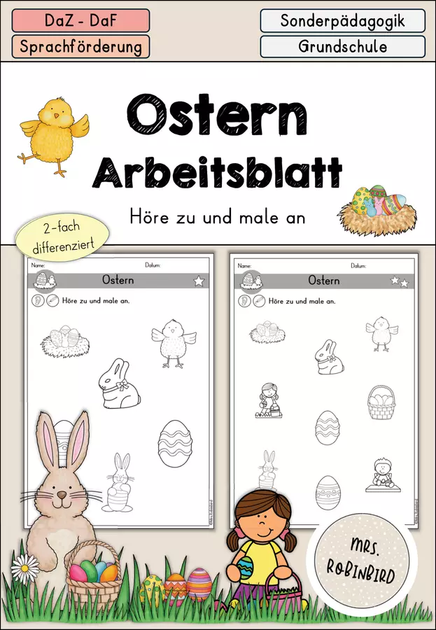 Ostern - Arbeitsblatt Hörverstehen differenziert - DaZ/DaF/Sprachförderung (Esercizi d'ascolto sulla Pasqua) Esercizi - Ostern - Arbeitsblatt Hörverstehen differenziert - DaZ/DaF/Sprachförderung (Esercizi d'ascolto sulla Pasqua) - Mrs.Robinbird - Pagina di copertina