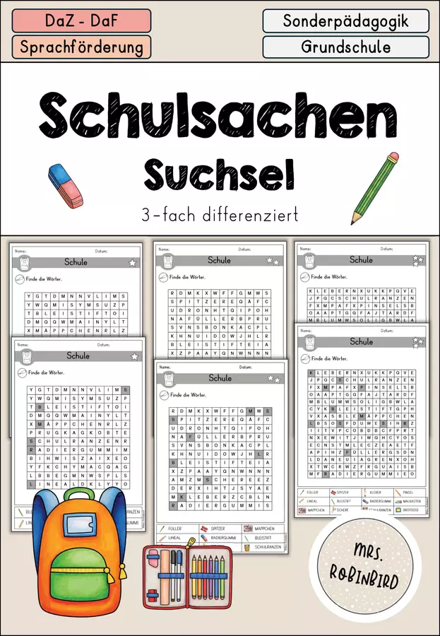 Schulsachen - Schule Arbeitsblatt Suchsel differenziert - DaZ/DaF/Sprachförderung (Cruciverba sulla scuola) Esercizi - Schulsachen - Schule Arbeitsblatt Suchsel differenziert - DaZ/DaF/Sprachförderung (Cruciverba sulla scuola) - Mrs.Robinbird - Pagina di copertina