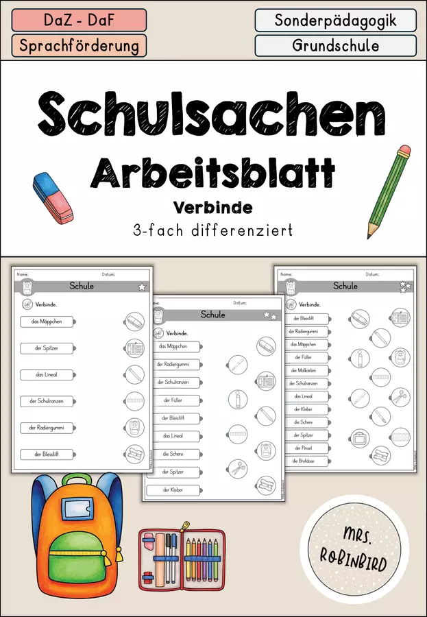 Schulsachen - Schule Arbeitsblatt differenziert - DaZ/DaF/Sprachförderung (Esercizi sulla scuola) Esercizi - Schulsachen - Schule Arbeitsblatt differenziert - DaZ/DaF/Sprachförderung (Esercizi sulla scuola) - Mrs.Robinbird - Pagina di copertina
