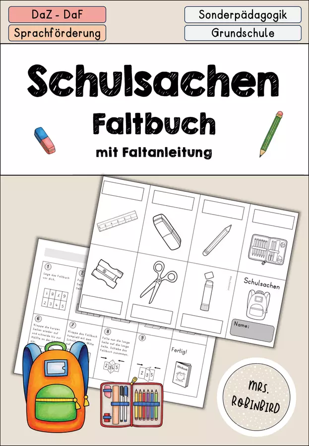 Schulsachen - Schule Faltbuch-Faltheft - DaZ/DaF/Sprachförderung (Libretto pieghevole sulla scuola) Esercizi - Schulsachen - Schule Faltbuch-Faltheft - DaZ/DaF/Sprachförderung (Libretto pieghevole sulla scuola) - Mrs.Robinbird - Pagina di copertina