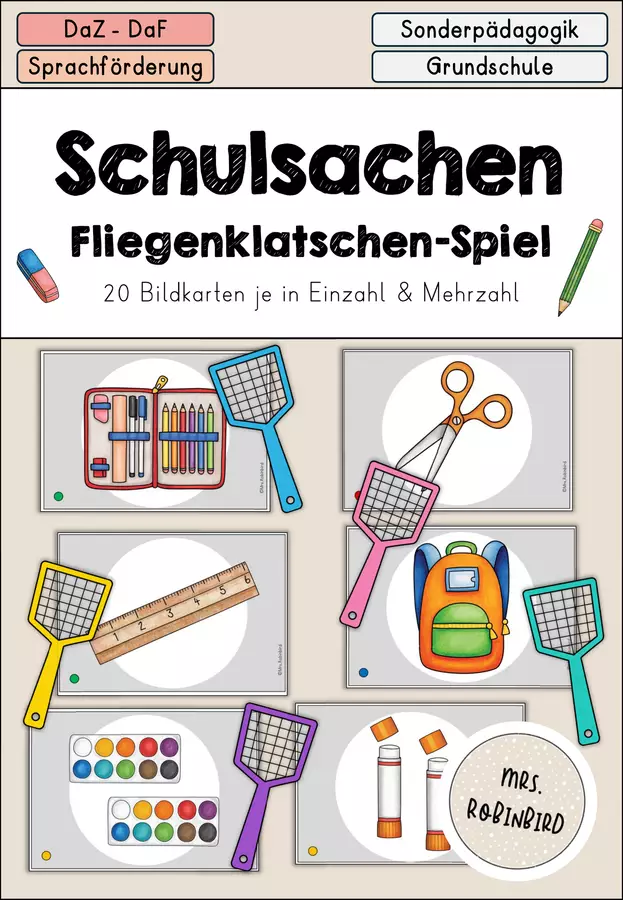 Schulsachen - Schule Fliegenklatschenspiel - DaZ/DaF/Sprachförderung (Gioco dello scacciamosche sulla scuola) Flashcard - Schulsachen - Schule Fliegenklatschenspiel - DaZ/DaF/Sprachförderung (Gioco dello scacciamosche sulla scuola) - Mrs.Robinbird - Pagina di copertina