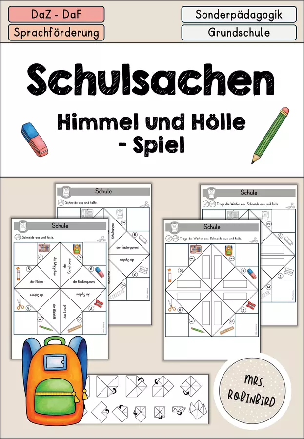 Schulsachen - Schule Himmel und Hölle Spiel - DaZ/DaF/Sprachförderung (Gioco: Inferno-Paradiso sulla scuola) Esercizi - Schulsachen - Schule Himmel und Hölle Spiel - DaZ/DaF/Sprachförderung (Gioco: Inferno-Paradiso sulla scuola) - Mrs.Robinbird - Pagina di copertina