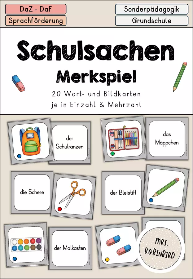 Schulsachen - Schule Merkspiel Bildkarten - DaZ/DaF/Sprachförderung (Memory sulla scuola) Flashcard - Schulsachen - Schule Merkspiel Bildkarten - DaZ/DaF/Sprachförderung (Memory sulla scuola) - Mrs.Robinbird - Pagina di copertina