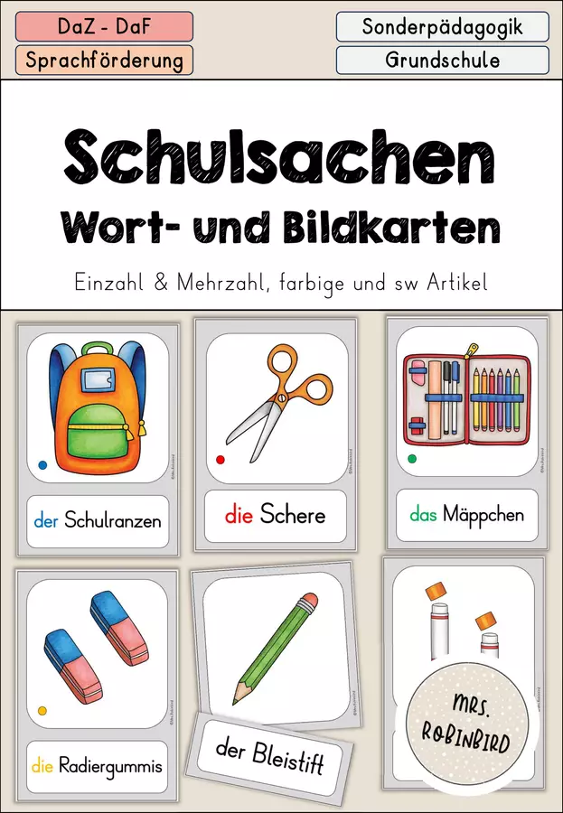 Schulsachen - Schule Bildkarten Tafelmaterial - DaZ/DaF/Sprachförderung (Flashcards sulla scuola) Flashcard - Schulsachen - Schule Bildkarten Tafelmaterial - DaZ/DaF/Sprachförderung (Flashcards sulla scuola) - Mrs.Robinbird - Pagina di copertina