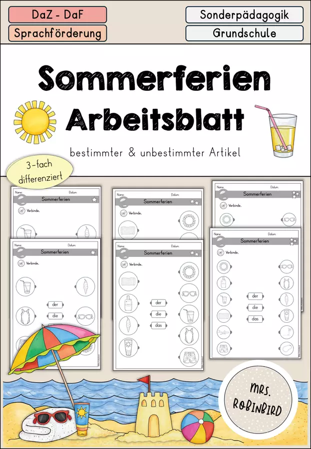 Sommerferien - Sommer Arbeitsblatt Artikel differenziert - DaZ DaF (Esercizi sugli articoli determinativi e indeterminativi sulle vacanze estive) Esercizi - Sommerferien - Sommer Arbeitsblatt Artikel differenziert - DaZ DaF (Esercizi sugli articoli determinativi e indeterminativi sulle vacanze estive) - Mrs.Robinbird - Pagina di copertina
