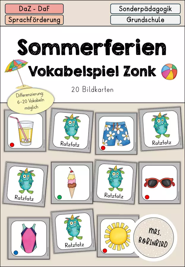 Sommerferien - Sommer Vokabelspiel Zonk - DaZ DaF (Gioco dei vocaboli "Zonk" sulle vacanze estive) Materiale di supporto/inclusione - Sommerferien - Sommer Vokabelspiel Zonk - DaZ DaF (Gioco dei vocaboli "Zonk" sulle vacanze estive) - Mrs.Robinbird - Pagina di copertina