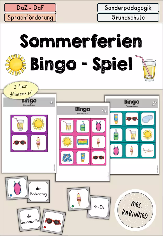 Sommerferien - Sommer Bingo Spiel differenziert - DaZ DaF (Bingo sulle vacanze estive) Materiale di supporto/inclusione - Sommerferien - Sommer Bingo Spiel differenziert - DaZ DaF (Bingo sulle vacanze estive) - Mrs.Robinbird - Pagina di copertina