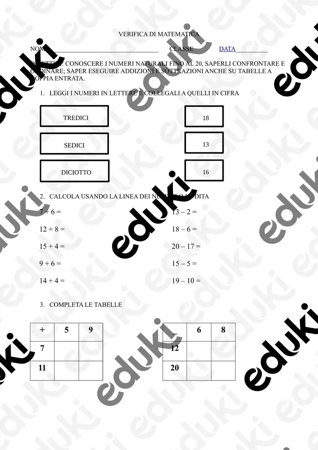 verifica fino al 20 Compiti in classe/Test - verifica fino al 20 - Maestra Rita - Pagina di copertina