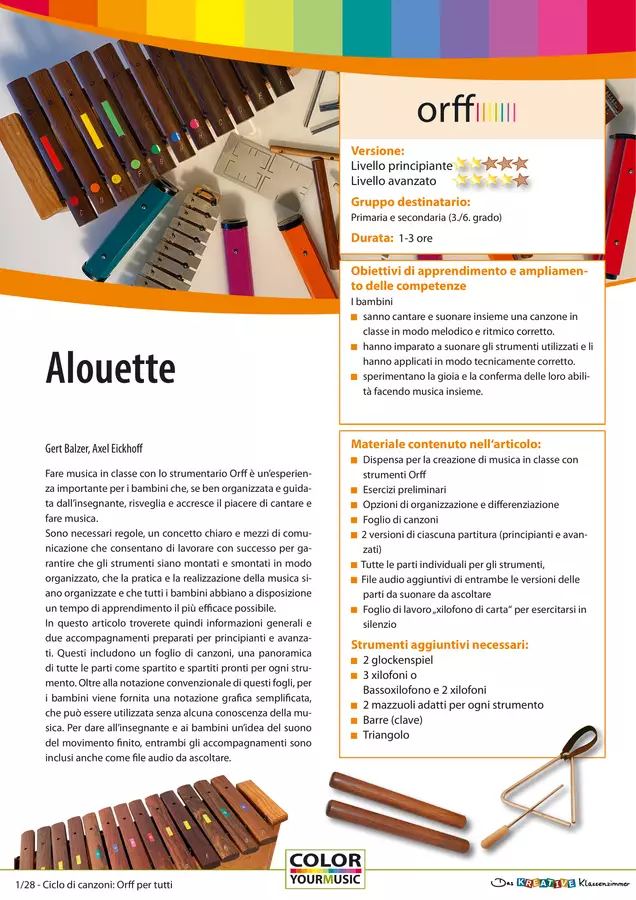 Alouette - Accompagnamento di canzoni con strumenti Orff Audio - Alouette - Accompagnamento di canzoni con strumenti Orff - Das kreative Klassenzimmer (La classe creativa) - Pagina di copertina