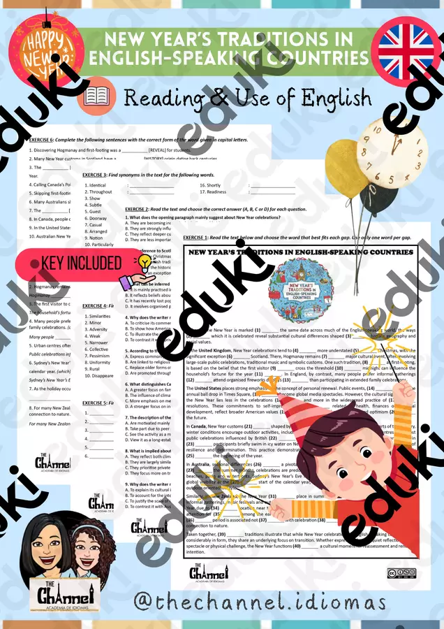 NEW YEAR IN ENGLISH-SPEAKING COUNTRIES – Reading Esercizi - NEW YEAR IN ENGLISH-SPEAKING COUNTRIES – Reading - The Channel - Academia de idiomas - Pagina di copertina
