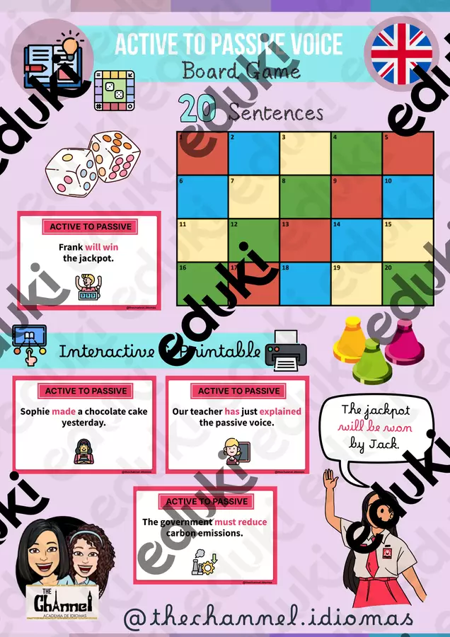 ACTIVE TO PASSIVE VOICE – Board Game (20 Sentences) Materiale interattivo - ACTIVE TO PASSIVE VOICE – Board Game (20 Sentences) - The Channel - Academia de idiomas - Pagina di copertina