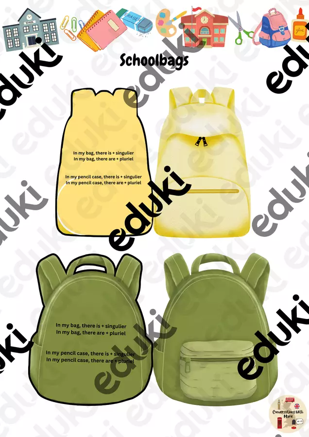 Schoolbags - Zaino di scuola in inglese Materiale per pittura e bricolage - Schoolbags - Zaino di scuola in inglese - ConversationsWithMarie - Pagina di copertina