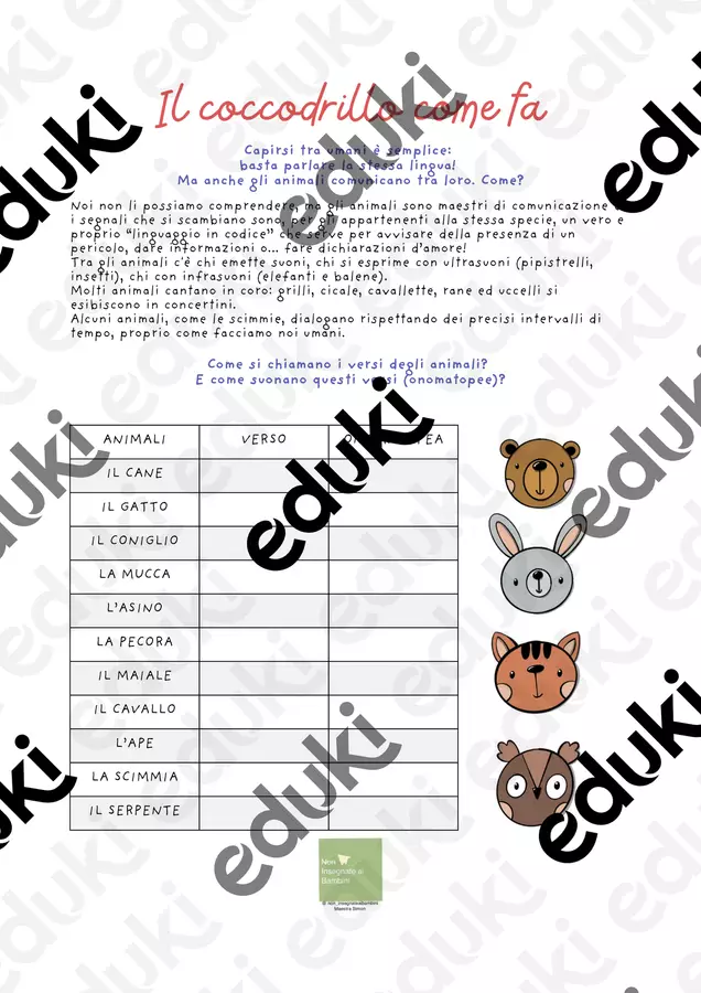 I versi degli animali Esercizi - I versi degli animali - non_insegnateaibambini - Pagina di copertina