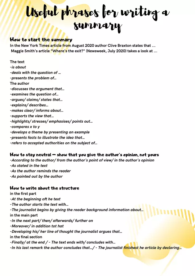 How to write a summary - useful phrases (Come scrivere un riassunto – frasi utili) Mappe concettuali - How to write a summary - useful phrases (Come scrivere un riassunto – frasi utili) - Mrs. Team English - Pagina di copertina