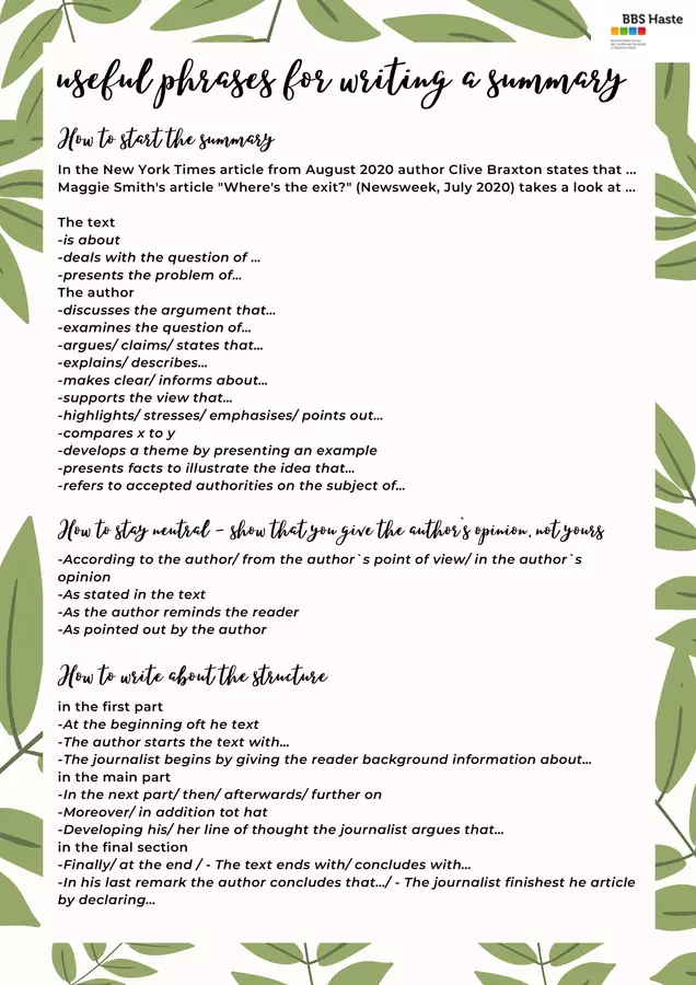 Useful phrases for writing a summary (Frasi utili per scrivere un riassunto) Mappe concettuali - Useful phrases for writing a summary (Frasi utili per scrivere un riassunto) - Mrs. Team English - Pagina di copertina