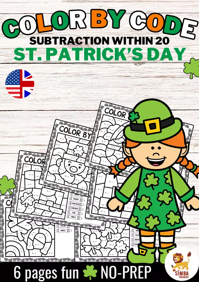 Color by code - Subtraction within 20 (St. Patrick's Day) | San Patrizio Sottrazione Matematica Inglese Esercizi - Color by code - Subtraction within 20 (St. Patrick's Day) | San Patrizio Sottrazione Matematica Inglese - SIMBA Trainers Education - Pagina di copertina