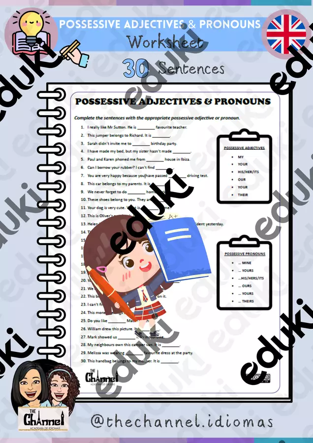 POSSESSIVE ADJECTIVES & PRONOUNS – Worksheet Esercizi - POSSESSIVE ADJECTIVES & PRONOUNS – Worksheet - The Channel - Academia de idiomas - Pagina di copertina